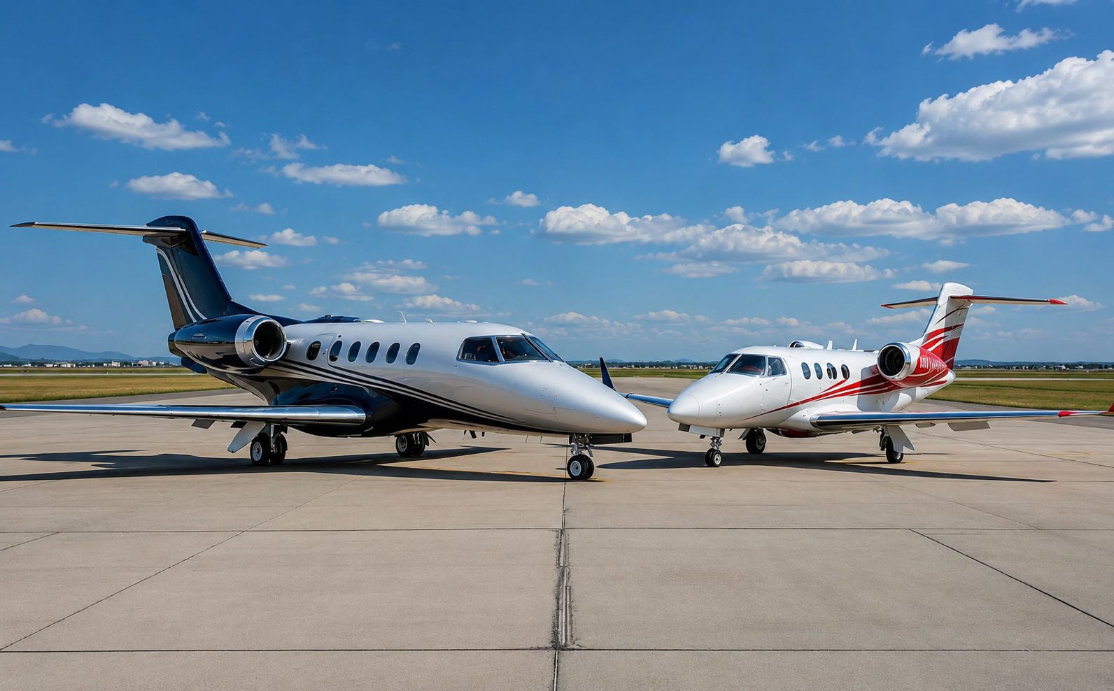 Front view of a private jet flying above mountains