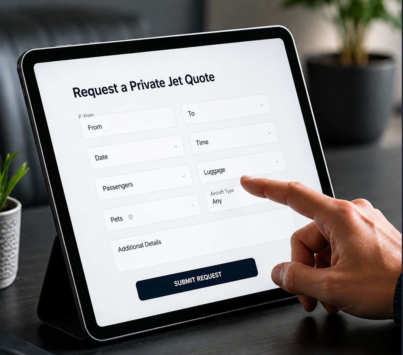 Tablet displaying a private jet quote request form
