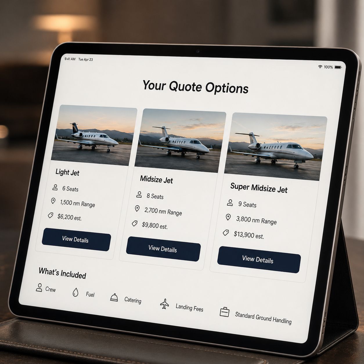 Tablet displaying private jet quote options