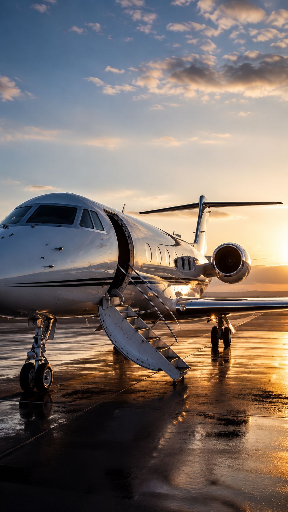 Private jet with an open cabin door at sunset