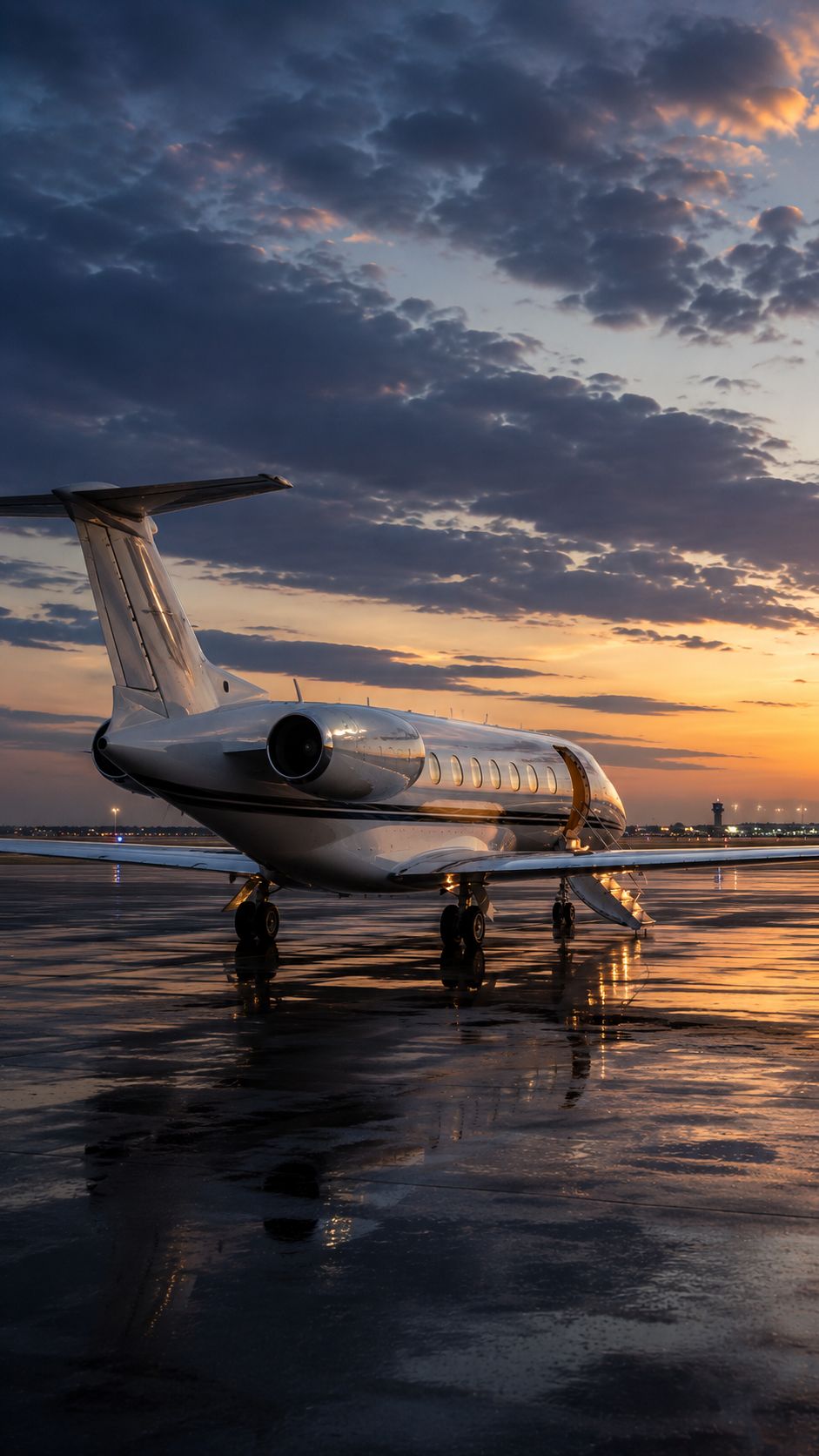 Private jet parked on a wet runway at sunset
