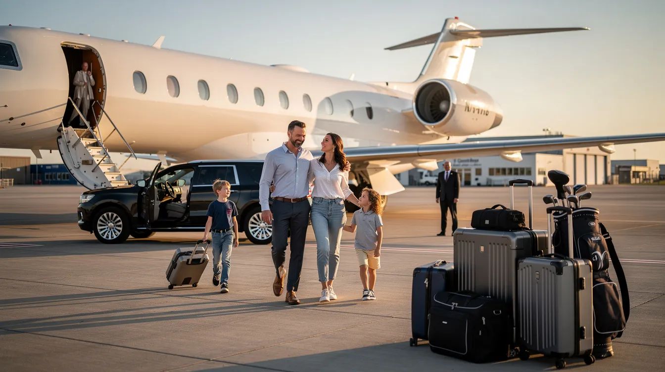Family walking from a private jet with luggage