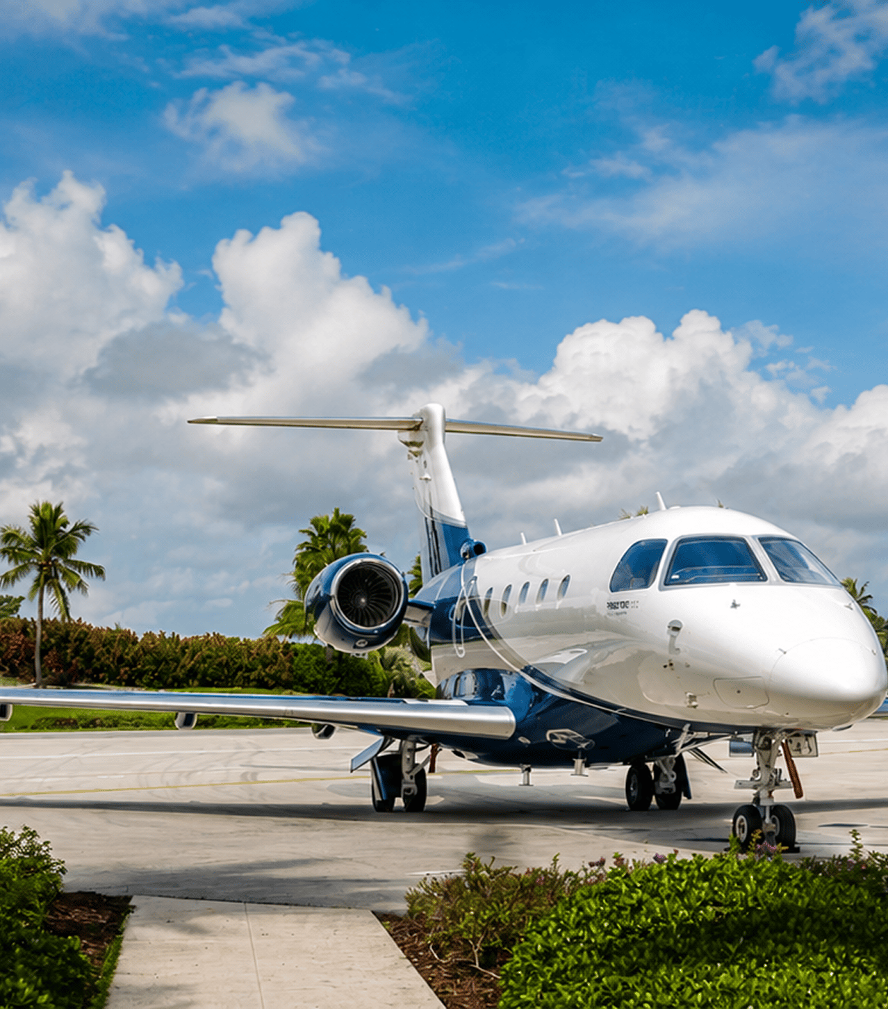 Private jet parked beside palm trees